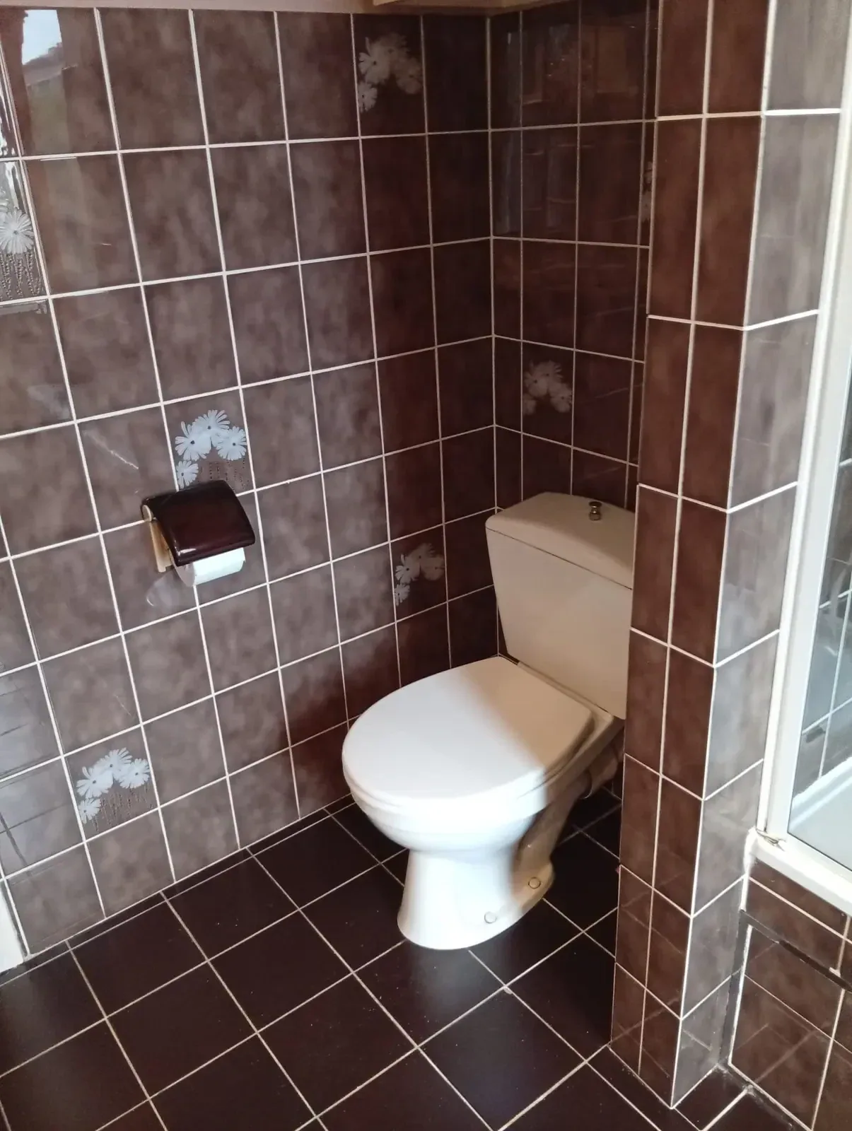 Oud staand toilet tussen bruine wandtegels en een donkere tegelvloer, vóór de renovatie