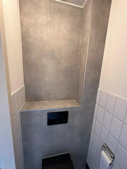 Wc met grijze panelen boven een voorzetwand met zwarte drukplaat en witte tegels opzij