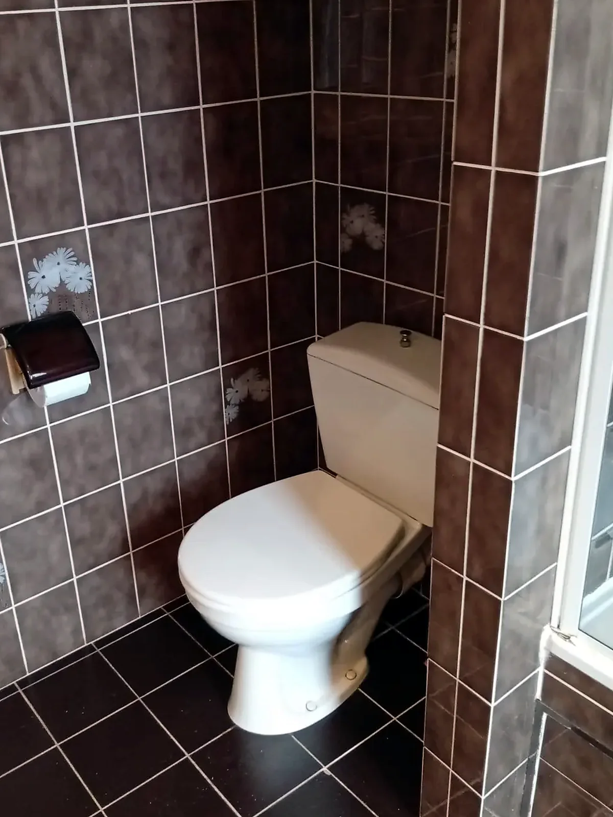 Vóór: staand toilet met opbouwreservoir tussen donkerbruine wandtegels