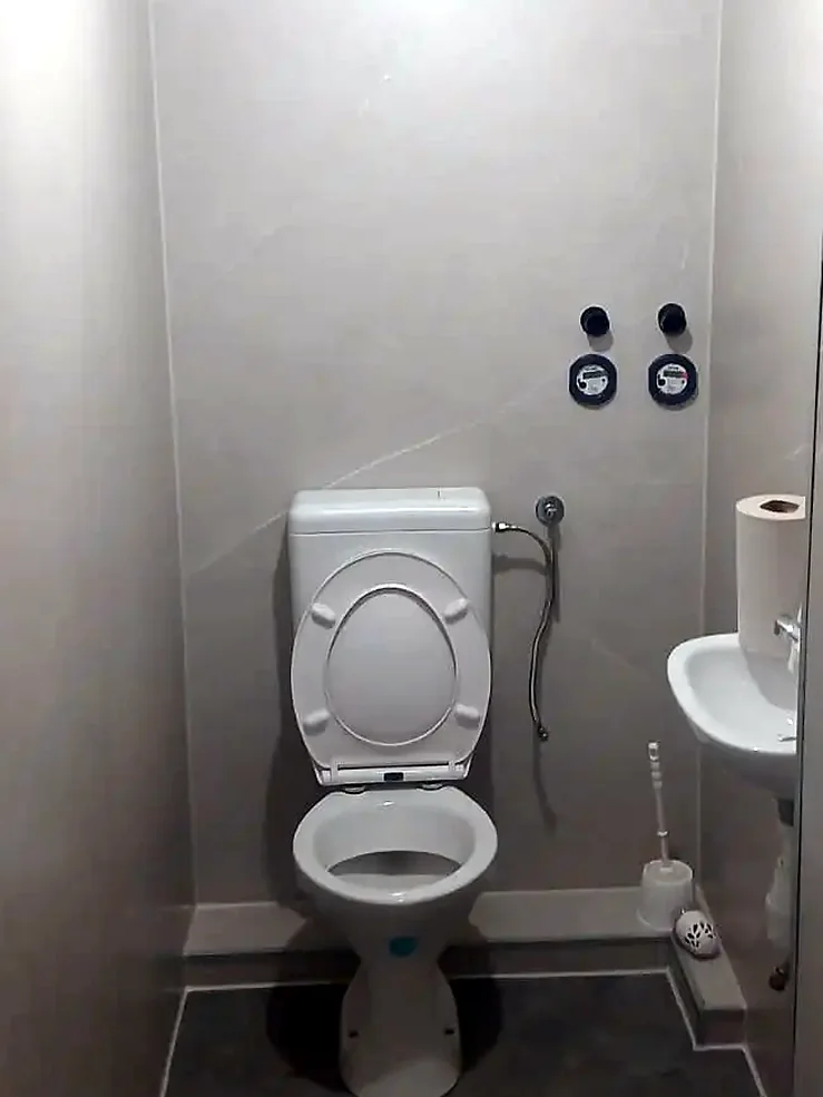 Na: dezelfde smalle wc rondom bekleed met lichte wandpanelen, met een staand toilet en klein wasbakje